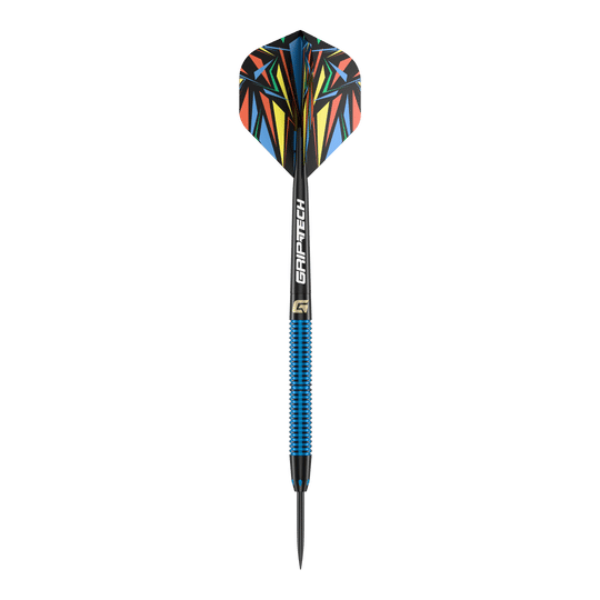 GOAT Athlete Blue Brass Steeldarts - 12g Das Bild zeigt einen Steeldart mit blauem Griff und der Aufschrift "GRIP-TECH". Die Flights haben ein buntes, geometrisches Muster.