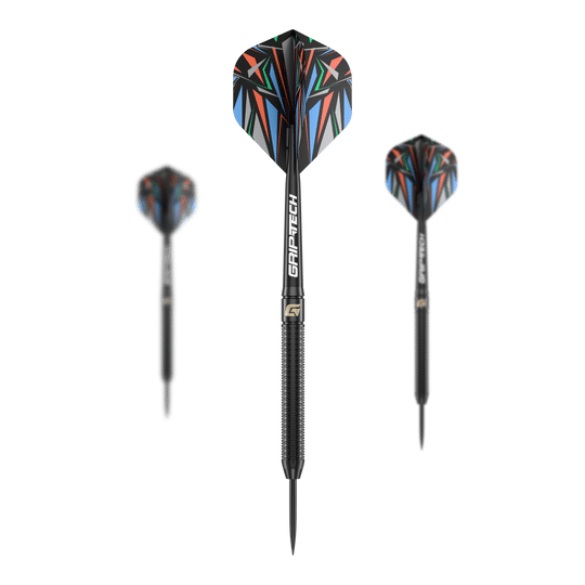 GOAT Athlete Black Brass Steeldarts - 13g Das Bild zeigt drei schwarze Steeldarts mit farbenfrohen Flights und der Aufschrift "GRIP-TECH". Es handelt sich um das Produkt "GOAT Athlete Black Brass Steeldarts - 13g".
