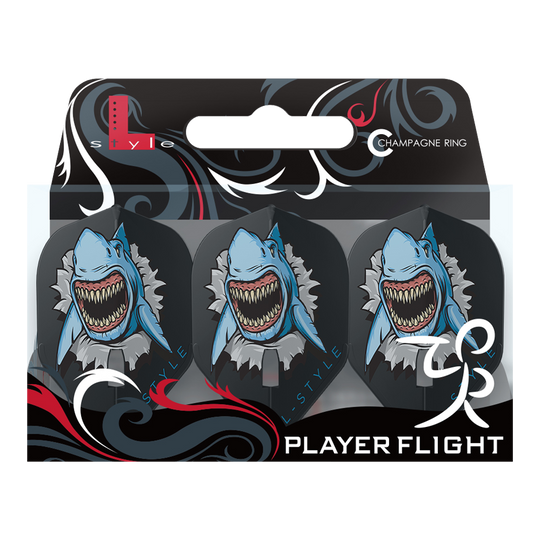 Das Bild zeigt eine Packung mit drei Dartflights der Marke "L-Style Florian Hempel Black Signature Champagne L1PRO Flights". Die Flights sind schwarz und zeigen das Bild eines furchterregenden, zähnefletschenden Hais.