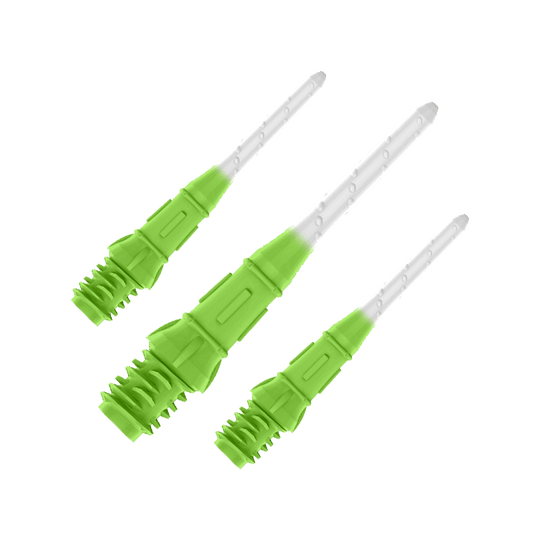 L-Style Premium Two Tone Lippoints (30er Pack)- Grün/Weiß Das Bild zeigt drei grün-weiße Spitzen für Softdartpfeile. Die Spitzen haben eine geriffelte Struktur im unteren Bereich und verlaufen nach oben hin transparent.