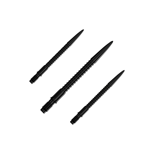 Ein Set schwarzer Dartspitzen ist abgebildet. Die Spitzen sind für Darts und 30 mm lang.