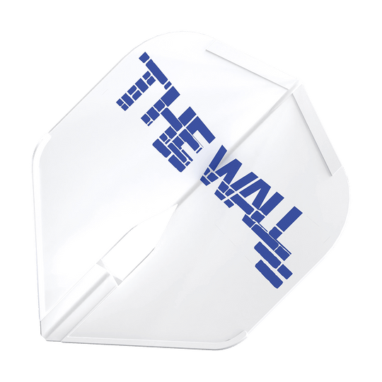 Das Bild zeigt ein weißes Dart-Flight mit der blauen Aufschrift "THE WALL". Das Produkt ist das L-Style Martin Schindler Weiß L1PRO Flight.