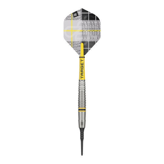 Das Bild zeigt einen Target Scott Williams GEN2 Softdart mit einem Gewicht von 18g. Der Dart hat gelbe Akzente und ein modernes, silberfarbenes Barrel-Design.