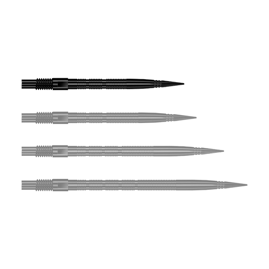 Harrows Quick Point Micro Ridge Dartspitzen - Schwarz Zu sehen ist eine einzelne schwarze Dartspitze mit Rillenmuster. Dieses Produkt ist als Ersatzspitze für Dartpfeile gedacht.