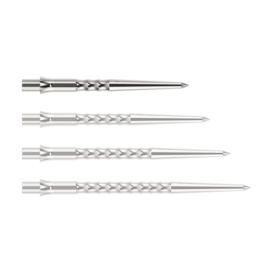 Abgebildet ist eine silberne Steeldartspitze des Typs Ripple NoLip mit 28mm Länge. Die Spitze liegt frontal auf einer hellen Fläche.