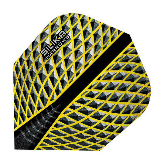 HR86_Harrows_Silika_Yellow_No6_Flights_1vWvVMxdoai0wb Das Bild zeigt das Produkt "Harrows Silika Yellow No6 Flights". Das Flight hat ein gelbes und schwarzes geometrisches Muster mit dem Logo "Silika Harrows" darauf.