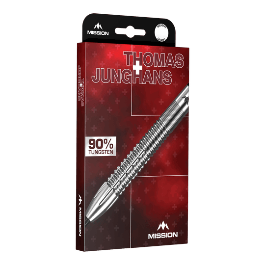Mission Thomas Junghans Steeldarts - 23g Darts werden gezeigt. Man erkennt die Gestaltung und das Branding des Produkts.