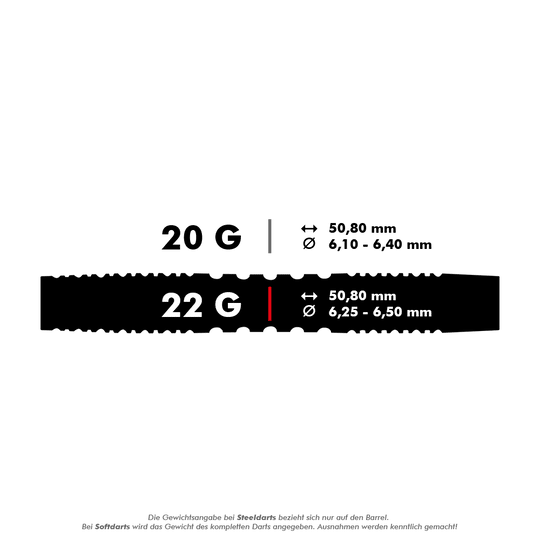 Das Bild zeigt die Produkteigenschaften der Winmau Joe Cullen Softdarts. Die Darts wiegen 22 Gramm und haben eine Länge von 50,80 mm sowie einen Durchmesser von 6,25 bis 6,50 mm.