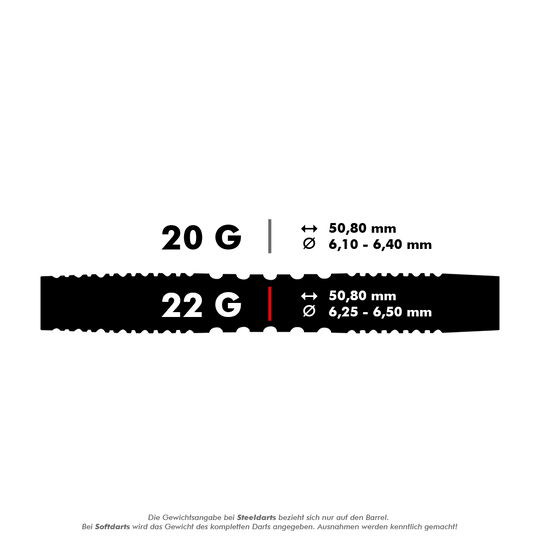 2443_Winmau_Joe_Cullen_90_Softdarts_5_22g Das Bild zeigt die Produkteigenschaften der Winmau Joe Cullen Softdarts. Die Darts wiegen 22 Gramm und haben eine Länge von 50,80 mm sowie einen Durchmesser von 6,25 bis 6,50 mm.