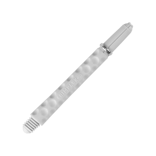 Auf dem Bild ist ein weißer Dart-Schaft mit einer genoppten Oberfläche zu sehen. Das Wort "DIMPLEX" ist auf dem Schaft eingraviert.