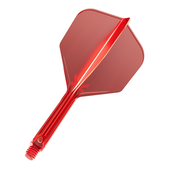 Das Bild zeigt eine rote Dartflügel-Kombination mit Schraubgewinde. Die Oberfläche ist glänzend und die Flügel haben eine klassische, breite Form.