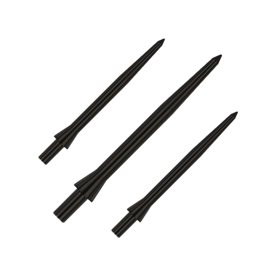 Red Dragon Raptor Plain Black Steeldartspitzen - 30mm Das Bild zeigt drei schwarze Steeldartspitzen der Marke Red Dragon Raptor in 28 mm Länge. Die Spitzen sind schlicht und haben ein glattes Design.