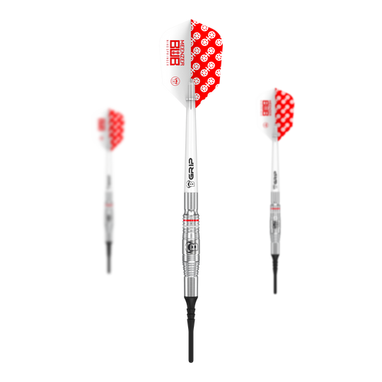 Bulls Niko Springer Softdarts - 22g Das Bild zeigt drei Softdarts des Modells 'Bulls Niko Springer' mit einem Gewicht von 22g. Die Darts haben silberne Schäfte und weiße Flights mit einem roten Punktmuster.