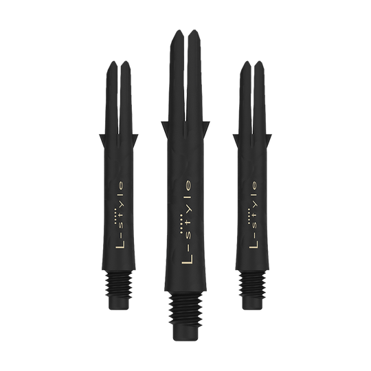 L-Style Carbon Shafts 225 Das Bild zeigt drei schwarze L-Style Carbon Shafts für Darts ohne Kappen. Auf den Schäften steht in goldener Schrift das Wort "L-style".