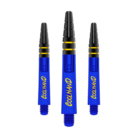 Red Dragon Nitrotech Luke Humphries Coolhand Shafts - Blau Das Bild zeigt drei blaue Dartschäfte mit der gelben Aufschrift "COOLHAND". Die Schäfte haben schwarze und goldene Akzente am oberen Ende.