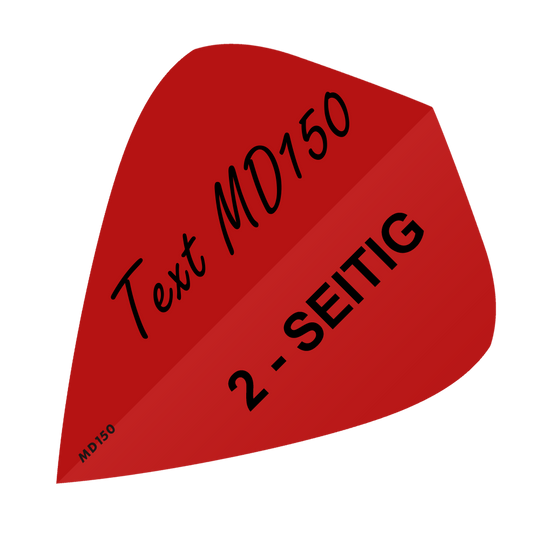 MD-307_2-Seitig_Bedruckte_Flights_Wunschtext_MD150_Rot_Kite_1 Das Bild zeigt ein rotes, quadratisches Feld mit schwarzem Text. Darauf stehen die Wörter „Text MD150“ und „2-SEITIG“.