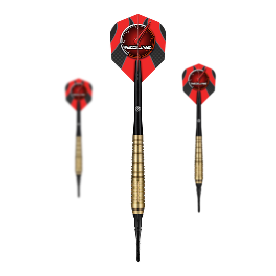 Shot Redline Mach 1 Softdarts - 20g Das Bild zeigt drei Softdarts des Produkts „Shot Redline Mach 1“ mit einem Gewicht von 20g. Die Darts haben rote Flights mit schwarzem Muster und goldenen Griffen.