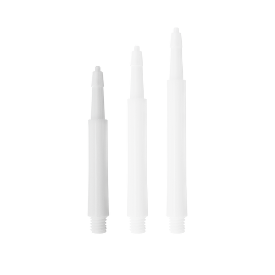 HRC12619W_Harrows_Clic_Standard_Shafts_Weiss_37mm_1IVvaOVGthdRLr Auf dem Bild sind drei weiße Harrows Clic Standard Shafts in unterschiedlichen Längen zu sehen. Sie sind gerade ausgerichtet und heben sich deutlich vom Hintergrund ab.