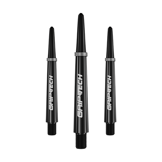 Das Bild zeigt drei schwarze Dart-Schäfte mit der Aufschrift "GRIPTECH" in weißer Farbe. Sie sind schlank geformt und haben silberne Ringe am oberen Ende.