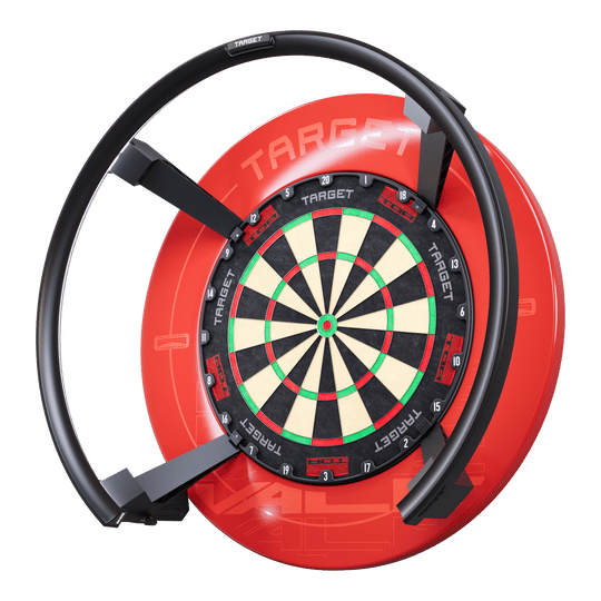 Das Bild zeigt das Produkt "Target OMNI Auto-Scoring-System", ein modernes Dartboard mit automatischer Punkteerfassung. Das Dartboard ist von einem markanten roten Gehäuse und einem schwarzen Ring umgeben.
