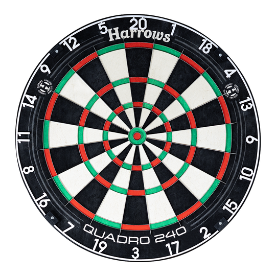 Harrows Quadro 240 Steeldartboard Das Bild zeigt ein Harrows Quadro 240 Steeldartboard. Die Dartscheibe hat farbige Segmente in Schwarz, Weiß, Rot und Grün.
