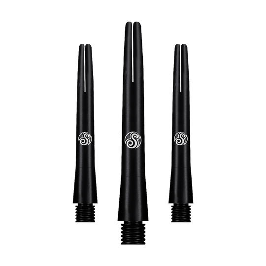 SM3809-I_Shot_Aluminium_Shafts_Black_41mm_1 Das Bild zeigt drei schwarze Aluminium-Schäfte für Dartpfeile. Sie haben ein schlichtes Design mit einem weißen Logo in der Mitte.