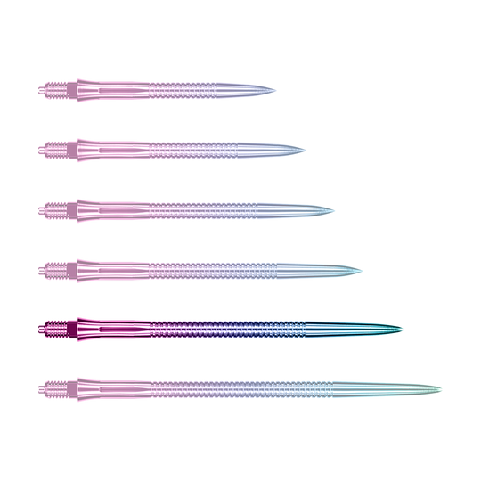 Dargestellt ist eine einzelne Caliburn EZ-EVO Dartspitze in 45 mm Länge und grooved Rainbow-Design. Die Spitze leuchtet in Regenbogenfarben und hat ein geriffeltes Muster.