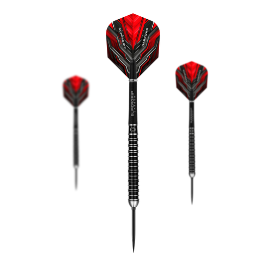 Harrows Supergrip Ultra Quick Point Steeldarts Das Bild zeigt das Harrows Supergrip Ultra Quick Point Steeldarts Set. Die einzelnen Darts werden nebeneinander angezeigt.