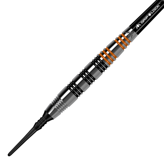Mission Javan Brass Softdarts - 18g Das Bild zeigt den "Mission Javan Brass Softdart" mit einem Gewicht von 18g. Der Dartpfeil ist silbern mit schwarzen und orangefarbenen Ringen am Griff.