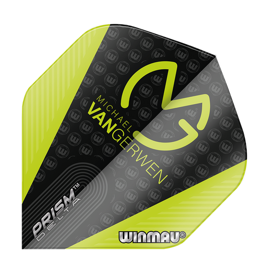 Das Bild zeigt ein Winmau Prism Delta MvG Black Green Standard Flight. Das Flight ist überwiegend schwarz und neongrün mit dem Namen "Michael van Gerwen" und dem Winmau-Logo darauf.