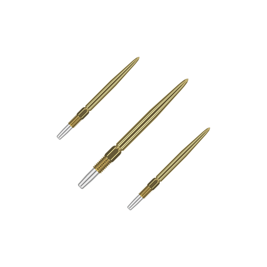 Das Bild zeigt drei goldfarbene Dartspitzen mit silbernem Gewinde. Sie sind in einer diagonalen Anordnung auf grünem Hintergrund abgebildet.
