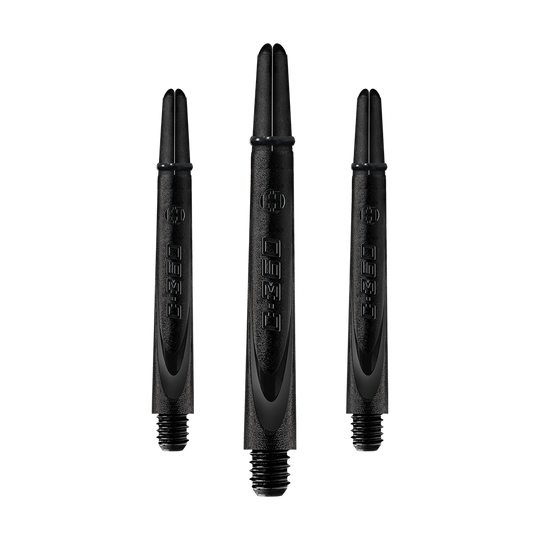 HR460_Harrows_Carbon_360_Shafts_Schwarz_49mm_1 Das Bild zeigt drei schwarze Dartschäfte aus Carbon. Sie sind länglich, haben ein Gewinde am unteren Ende und die Aufschrift "C-360" ist sichtbar.
