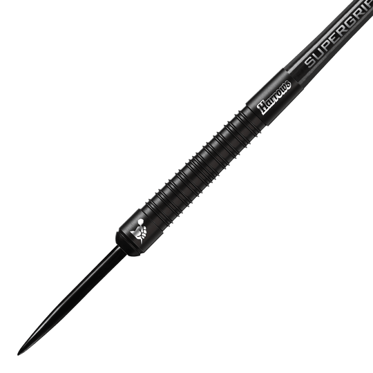 Harrows Supergrip Black-Edition Steeldarts Das Bild zeigt einen schwarzen Steeldart der Marke Harrows aus der Supergrip Black-Edition. Der Dart hat ein geriffeltes Griffstück und ein elegantes, komplett schwarzes Design.