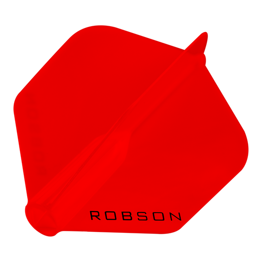 Robson Plus Standard Flights Das Bild zeigt ein rotes Dart-Flight mit der Aufschrift "ROBSON". Die Form ist sechseckig und das Flight ist vollständig in Rot gehalten.