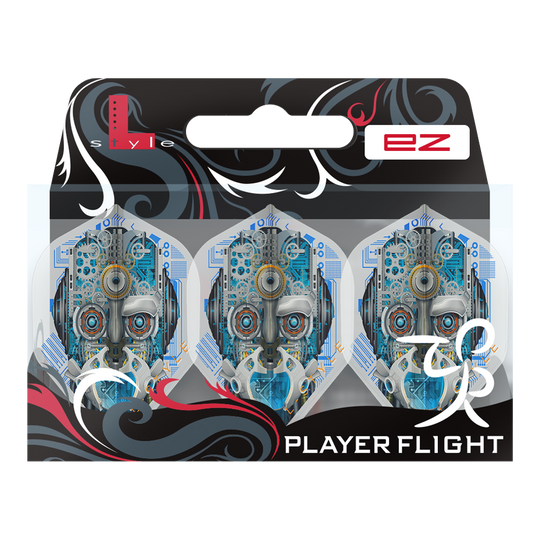 Das Bild zeigt eine Verpackung mit drei weißen Dart-Flights namens "L-Style Berry Van Peer V3 Clear White L1EZ". Die Flights haben ein futuristisches Design mit einem Roboter-Gesicht auf jedem Flight.