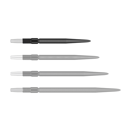 Auf dem Bild sind vier schwarze Dartspitzen nebeneinander zu sehen. Sie haben einen geriffelten Bereich und sind aus Metall gefertigt.