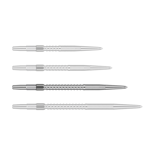 Auf dem Bild sind vier silberne Dartspitzen in einer Reihe zu sehen. Sie haben ein geriffeltes, metallisches Design und sind jeweils gleich lang.