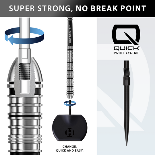 Harrows Supergrip Tapered Quick Point Steeldarts Gezeigt werden die Harrows Supergrip QP Tapered Quick Point Steeldarts. Sie sind besonders für ambitionierte Spieler geeignet.