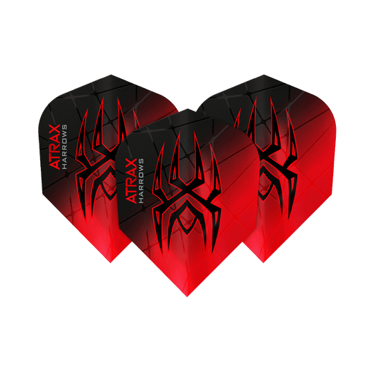 Harrows Atrax Prime No6 Flights Das Bild zeigt drei Harrows Atrax Prime No6 Flights in Schwarz und Rot mit einem markanten Spinnennetz-Design. Auf jedem Flight steht der Name "Atrax Harrows" an der Seite.
