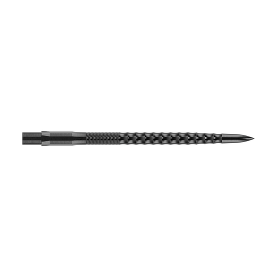 Dies ist eine schwarze Steeldartspitze mit einer Länge von 38 mm. Sie hat eine geriffelte und strukturierte Oberfläche für besseren Halt im Dartboard.