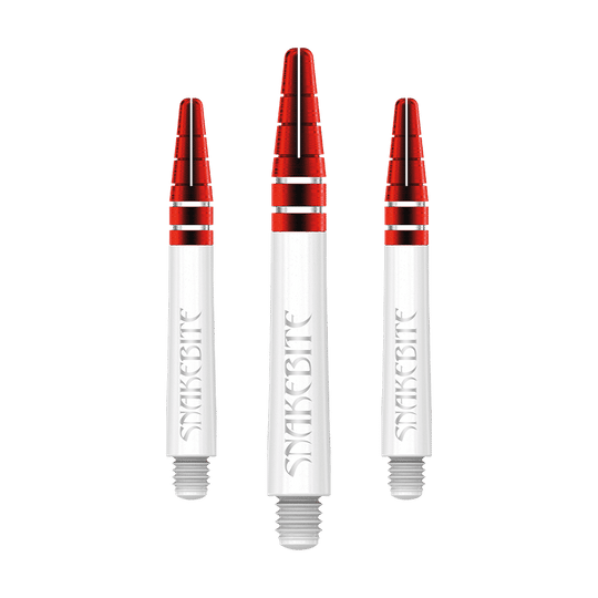 Das Bild zeigt drei rote und weiße Dartschäfte mit der Aufschrift "Snakebite". Es handelt sich um das Produkt "Red Dragon Nitrotech Peter Wright Red Shafts - 39mm".