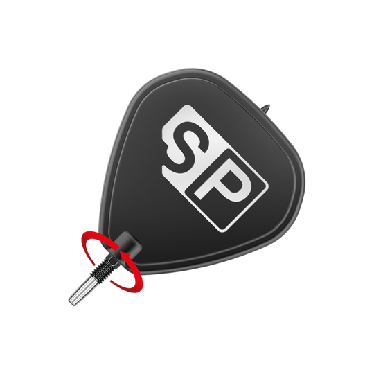 Das Bild zeigt die schwarzen Target Swiss Point SLK Dartspitzen. Im Vordergrund ist die Dartspitze mit einem schwarzen Flight zu sehen, auf dem die Buchstaben "SP" stehen.