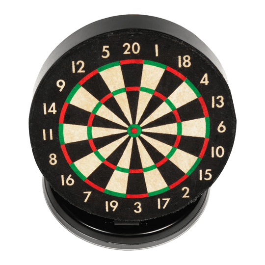 Ruthless Mini Desktop Dartboard Set Das Bild zeigt eine kleine, runde Dartscheibe mit farbigen Markierungen und Zahlen. Sie ist als Mini-Desktop-Set gestaltet und eignet sich für den Schreibtisch.