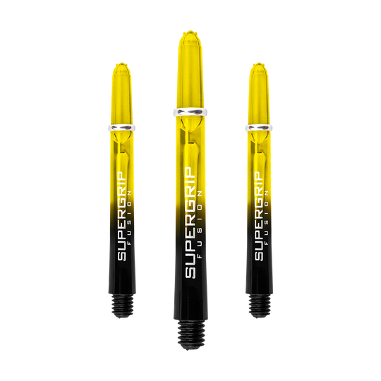 Das Bild zeigt drei Harrows Supergrip Fusion Shafts in Gelb. Die Shafts sind gelb-schwarz gefärbt und tragen den Aufdruck "SUPERGRIP FUSION".