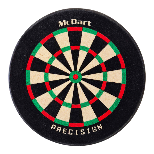 McDart Precision Mini Dartboard Darthalter Das Bild zeigt eine kleine, runde Dartscheibe mit der Aufschrift „McDart“ und „PRECISION“. Die Scheibe hat die klassischen Farben Weiß, Schwarz, Rot und Grün.