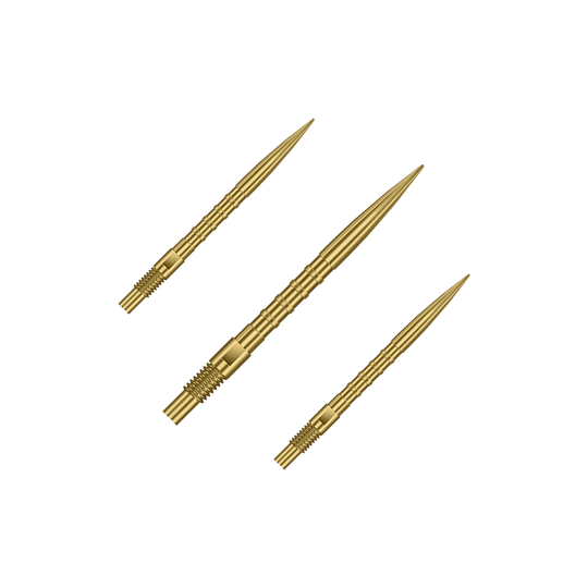 Harrows Quick Point Heavy Metal Dartspitzen - Gold Abgebildet sind goldene Dartspitzen mit 26mm Länge, dargestellt als ein Set. Es handelt sich um Harrows Quick Point Heavy Metal Grip Dartspitzen Gold 26mm im Set.