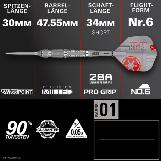 Target Star Wars AT-AT Swiss Point Steeldarts Das Bild zeigt die Target Star Wars AT-AT Swiss Point Steeldarts. Es handelt sich um hochwertige Steeldarts im Stil des Star Wars AT-AT.