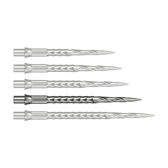 Dieses Bild zeigt eine silberne Steeldartspitze mit einer Länge von 36 mm. Die Spitze gehört zum Caliburn Evo System und ist vom Typ Spiro NoLip.