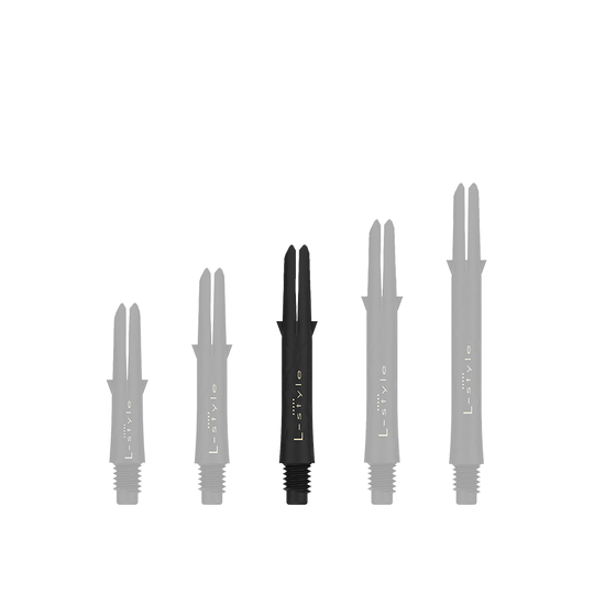 Das Bild zeigt fünf schwarze Dartschäfte aus Carbon in verschiedenen Längen. Sie sind jeweils mit dem Schriftzug „L-style“ versehen und stehen nebeneinander aufgereiht.