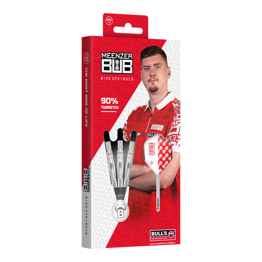 Bulls Niko Springer Softdarts - 22g Auf dem Bild ist die Verpackung der "Bulls Niko Springer Softdarts - 22g" zu sehen. Die Packung zeigt drei Dartpfeile und ein Portrait von Niko Springer.